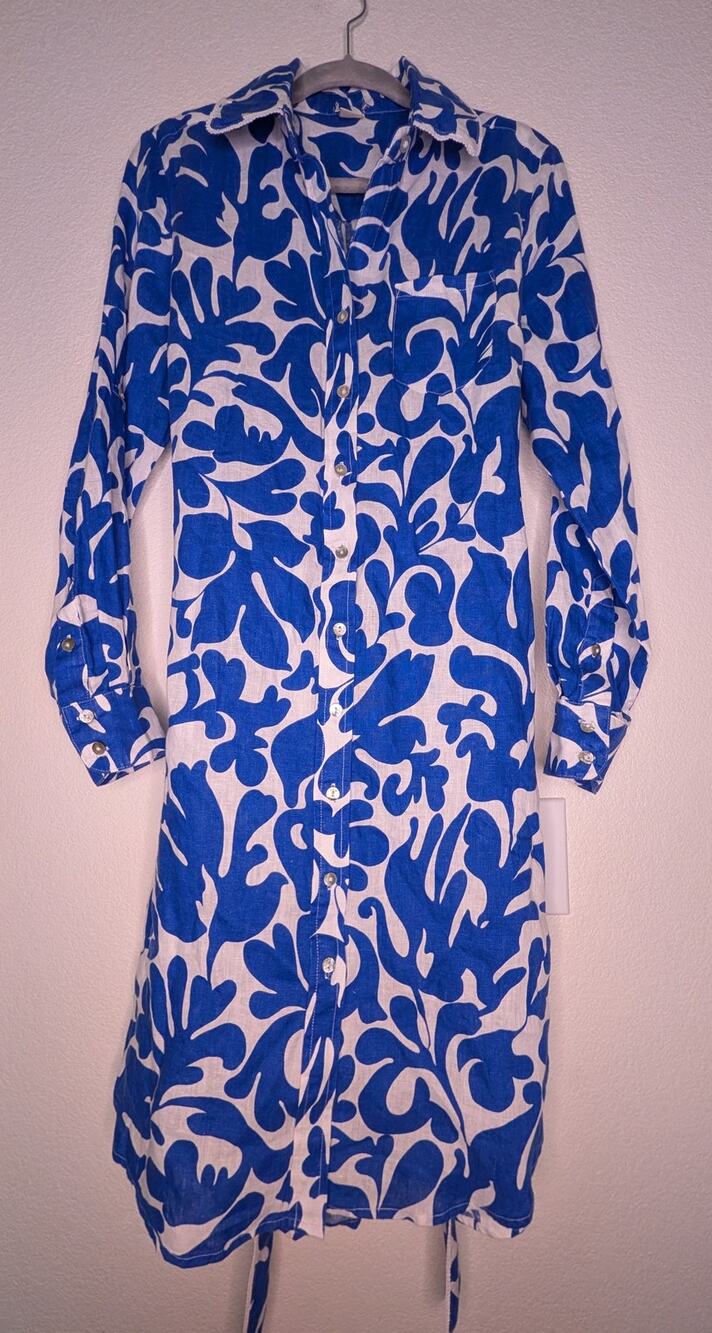 Magaschoni 100% Linen Floral Wrap Dress SP Coastal Summer Vacation Coquette Chic
